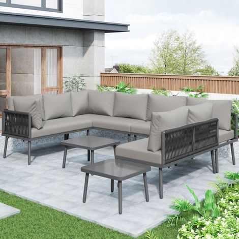 Ensemble de jardin lounge - Canapé d'angle en U - 8 personnes - Coussins 10 cm déhoussables - Structure fer galvanisé