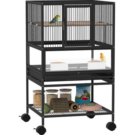 cage oiseaux etagere inferieure plateau grille amovible acier polypropylène compacte robuste 48x46x83 cm noire