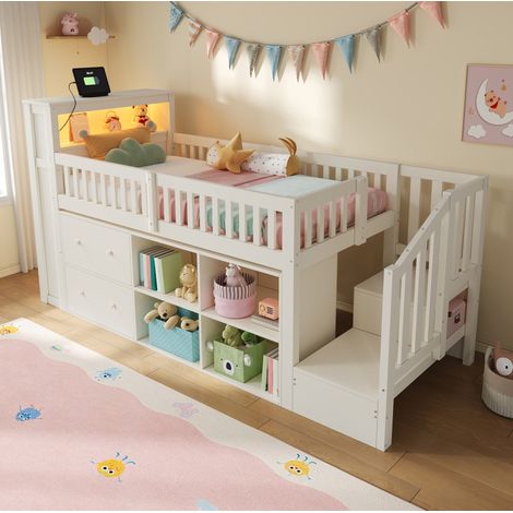 Lit semi-hauteur 90x200 cm blanc en pin et MDF avec rangements, bureau, LED et prises USB (1/5)
