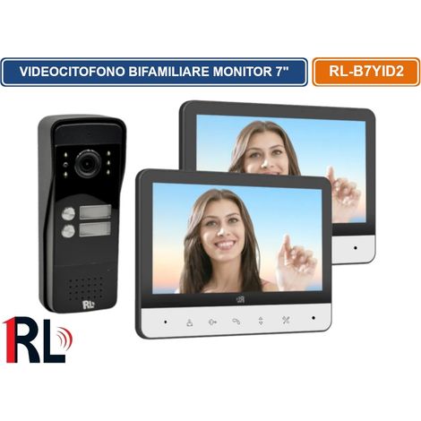 KIT VIDEOCITOFONO BIFAMILIARE DUE PULSANTI DOPPIO MONITOR A COLORI 7" APERTURA ELETTROSERRATURA