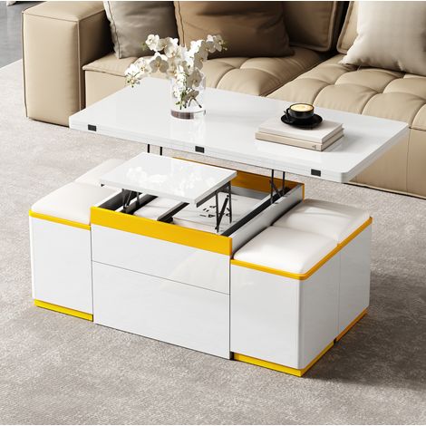Table relevable pliable MDF blanc/jaune 100 cm, hauteur réglable avec 4 tabourets (1/5)