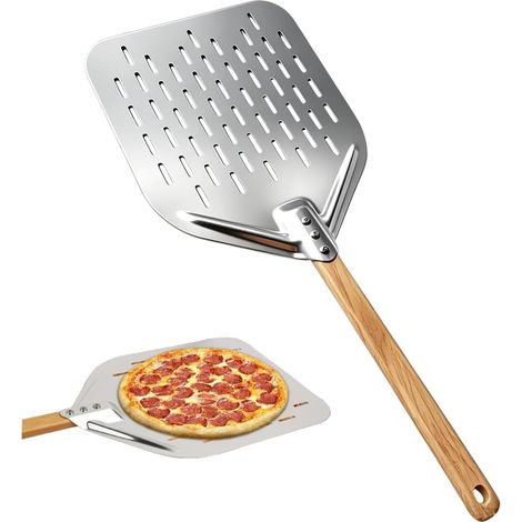 Pelle a Pizza, 39.5 x 30 cm Pizza Peel Perforée en Aluminium avec Poignée en Bois, Spatule Pizza Convient aux Fours, Blanc Argenté (1/5)