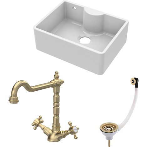 Fireclay Kitchen Bundle - Single Bowl Butler Sink with Overflow, Tap Ledge, Waste & Classic Tap, 595mm - Brushed Brass - Balterley