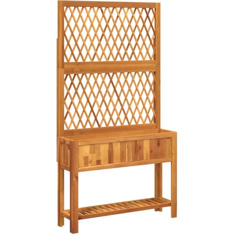 Fioriera rialzata vassoio piante fiori terrazza giardino con traliccio e ripiano in legno massello di acacia marrone 020038378