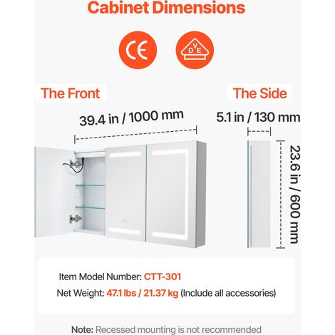 Armoire Murale Salle de Bain 100x60 cm, Armoire de Toilette avec Miroir en Verre Trempé et LED 3 Couleurs à Intensité Variable, ave… (1/5)