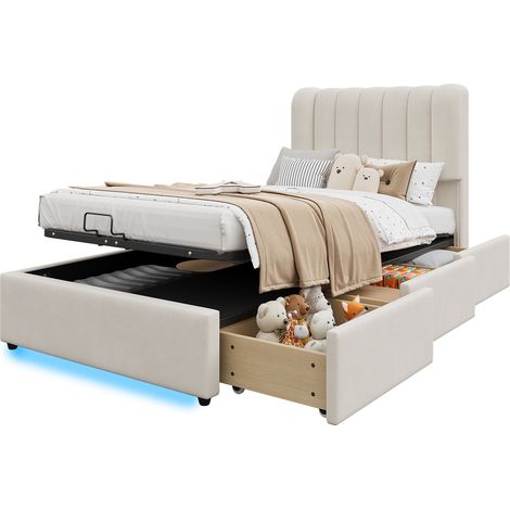 Letto contenitore per bambini 90x200 cm in velluto beige con 3 cassetti, LED e apertura idraulica salvaspazio - CHICFURN (1/5)