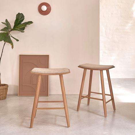 Lot de 2 tabourets de bar en teck massif et velours (1/5)