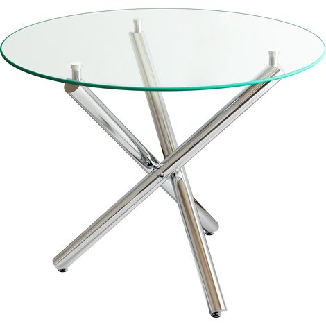 Mesa de comedor redonda de vidrio templado y patas metálicas plateadas, 80 x 80 x 77 cm (1/5)
