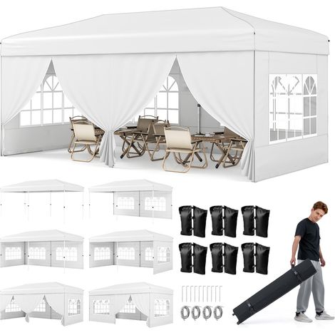 COSTWAY Gazebo da Esterno Pieghevole 3 x 6 m, Gazebo Resistente e Robusto, Tendone Regolabile in Altezza con Pareti Laterali, 6 Sacchi di Sabbia e Borsa, per Feste, Campeggio e Fiere (Bianco) (1/5)