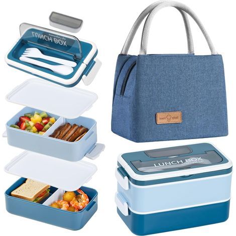 Bento Lunch Box avec Sac Kit, 1600ML Boite Repas avec Sac Isotherme et Couverts, Hermétiques Bento Japonais avec Compartiment, Boite Micro Onde pour Enfant Adultes Pique Nique Travail (Bleu) (1/5)