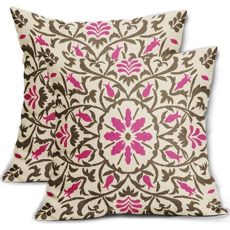 Kissenbezüge im Bohème-Stil in Braun und leuchtendem Rosa, 50 x 50 cm, Vintage-Blumenmuster, Leinenbezug, Landhausstil, 2-teiliges Set.