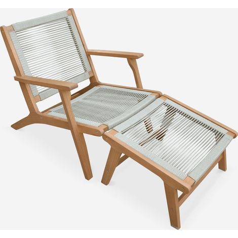 Silla de jardín de madera y cuerda con reposapiés