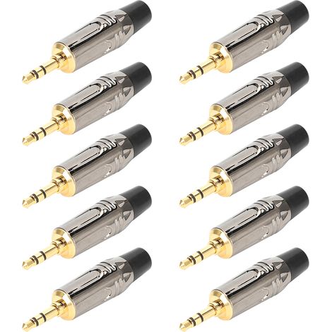 Lot de 10 fiches jack stéréo 3,5 mm en alliage de zinc plaqué or, soudées, pour câble d'écouteurs audio, avec fil noir. (1/5)