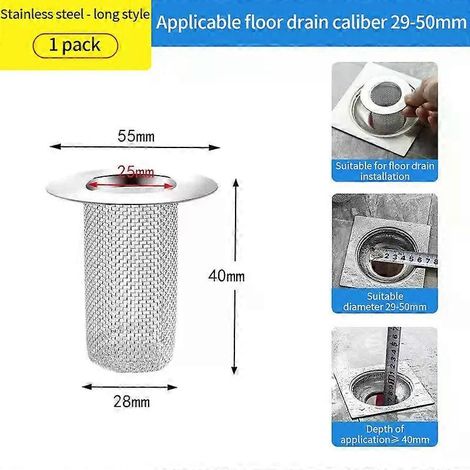 Filtre de siphon de sol en acier inoxydable, filtre anti-obstruction pour évier de cuisine, attrape-cheveux pour baignoire, crépine de douche, bonde de siphon (1/4)