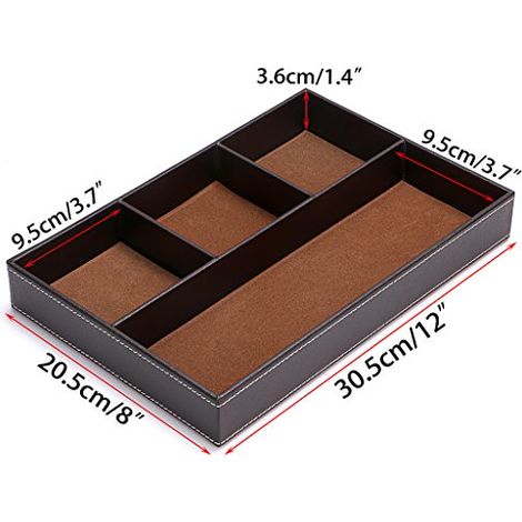 Organiseur de tiroir de bureau à 4 compartiments, compartiments de rangement en cuir PU, idéal pour les fournitures et accessoires de bureau, plateau de rangement de bureau multifonctionnel (marron)