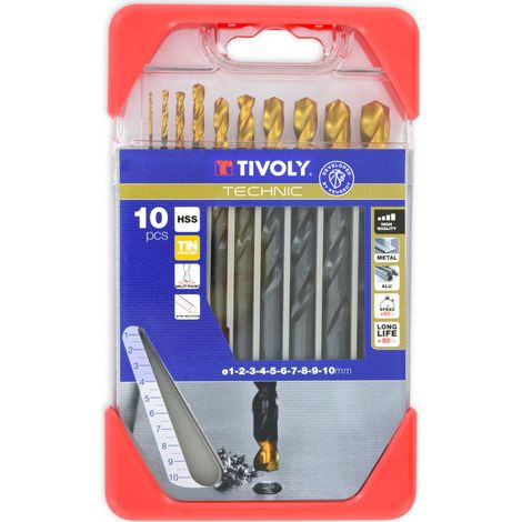 Tivoly • Coffret 10 forets métaux HSS STEAM revêtus TiN taillés meulés pointe en croix queue à 3 méplats Ø 1 à 10mm (1/3)