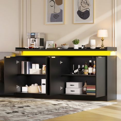 Meuble de cuisine avec éclairage LED, buffet à quatre portes, grand espace de rangement idéal pour les salles à manger et les salons. Dimensions : 160 × 39 × 83 cm (1/5)