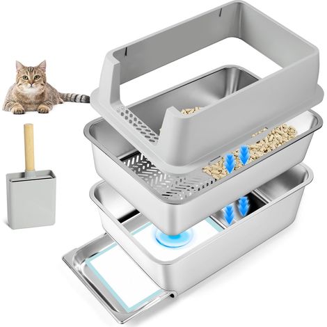 Cat Litter Tray Stainless Steel Cat Litter Tray with Drawer and Sieving Tray, Scoop for Large Cats, Easy Clean (1/5)