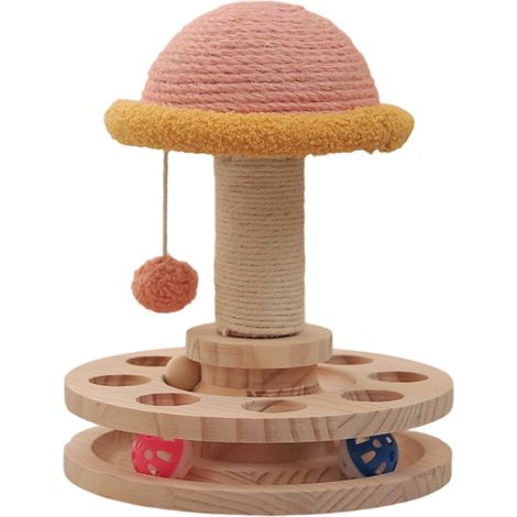 Niedlicher Katzenbaum, pilzförmiger Sisal-Kratzbaum mit Hängekugel, umweltfreundliches Holz, 2-lagige, drehbare Holzkugel (L)