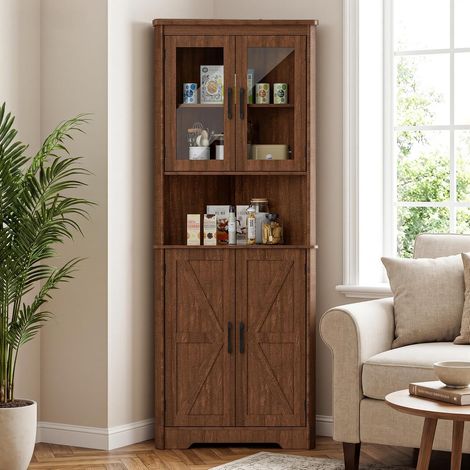 Armoire d'angle haute et étroite avec 2 portes et 5 étagères - Meuble de rangement pour cuisine, chambre à coucher, salon - Étagère d'angle de 170 cm - Marron (1/5)