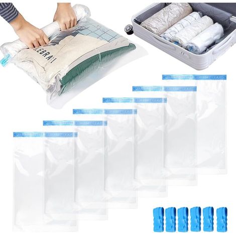 6 Pièces Sac Sous Vide Vetement Aspirateur, Housses de Rangement Aspirant, Vacuum Storage Bags, Aspirable Compression, Plastique Voyage pour Matelas, Literie, Oreillers, Couettes (1/5)