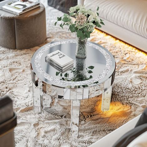 60cm Tavolino da Salotto in Vetro a Specchio Cristallo Diamantato Argento Rotondo Tavolino da Caffe per Soggiorno Caffetteria (1/5)