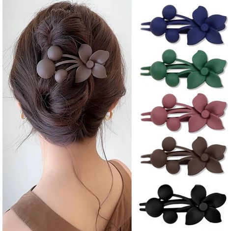 Lot de 5 Pinces à cheveux, Design fleur, Plastique et résine, Ressort métallique, Pour femmes cheveux épais