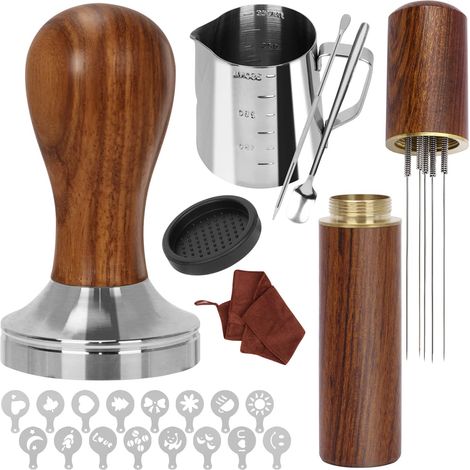 Juego de 23 prensadores de café, kit de accesorios para baristas, con prensa de espresso de 51 mm, jarra para espuma, tapete para prensar, bolígrafo para café con leche, agitador de café y prensador d