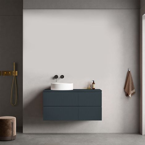 Mobile bagno sospeso cannettato reversibile  100 cm Blu Mare per Lavabo d'appoggio Senza Specchio - Fiji Paint Top Canneté (1/4)