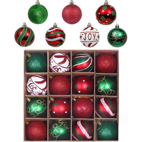 Boules de Noël rouges, vertes et blanches, grandes boules de Noël de 6 cm, 16 décorations pour sapin de Noël, boules en plastique, décorations de Noël (1/3)