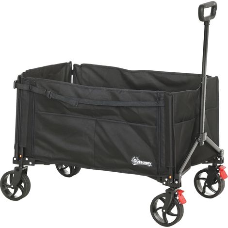 Folding Trolley on Wheels, 150L Collapsible Wagon Festival Trolley Cart with Openable Sides, Adjustable Handle and Brakes for Shopping Camping Beach and Garden, Black