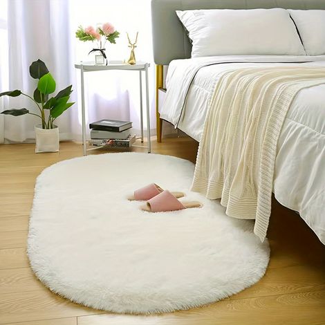 Ovaler Teppich mit langem Flor, rutschfest und fleckenabweisend, für Ankleidezimmer und Schlafzimmer, 100 x 200 cm (weiß).