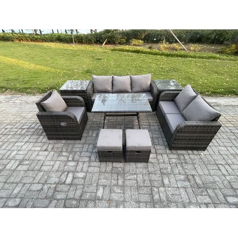 Fimous 8 PCS Garten Sofa im Freien Set Polyrattan Gartenmöbel Set mit Rechteckiger Esstisch Sessel 2 kleine Fußhockern Dunkelgrau Gemischt (1/5)
