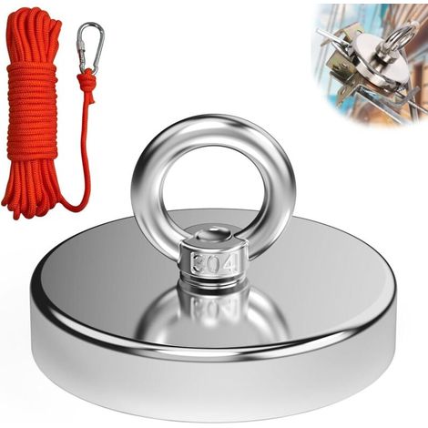 Aimant de Pêche Super Puissant, Diamètre 90 mm 340KG force de traction , Crochet Magnétique pour Pêche À L'Aimant, Récupération de Rivière, l'aventure en Plein Air avec corde de 6 mm x 10 m (1/4)