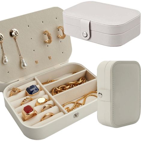 Boîte à bijoux spacieuse, doublée de velours, avec plateaux amovibles et fermeture à clé, pour bagues, boucles d'oreilles et colliers. (1/5)