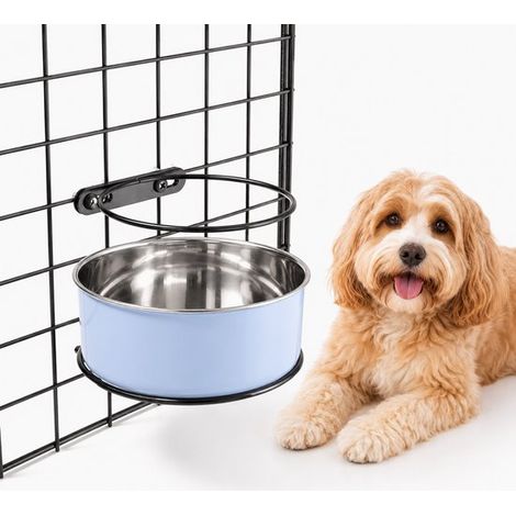 Gamelle suspendue pour chien et chat 14 cm, en acier inoxydable, fixation stable pour cage, pour nourriture et eau, bleu (1/5)
