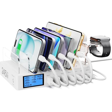 245W Station de Chargement pour Multi-Appareils avec QC 3.0 Charge Rapide 7 Ports 100W PD pour Plusieurs appareils, 2-in-1 iWatch Holder,écran LCD...Blanc(Câble de Charge Non Inclus) (1/5)