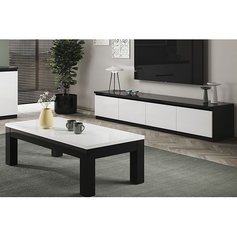 DEYTON - Ensemble Salon Laqué Noir et Blanc Meuble TV 4 Portes + Table Basse 127cm (1/4)