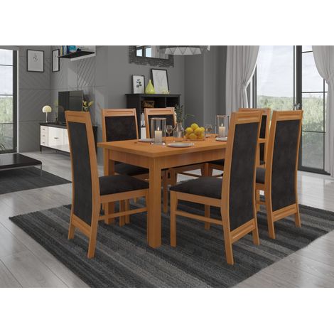 Ensemble table extensible 140-180cm et 6 chaises en bois clair de hêtre et tissu noir Komba (1/4)