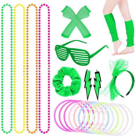 Pinke Netzstrumpfhandschuhe, Haarband mit Schleife aus Spitze, Halskette, Armband und Regenbogenhaargummi, 80er-Jahre-Balloutfit (1/5)