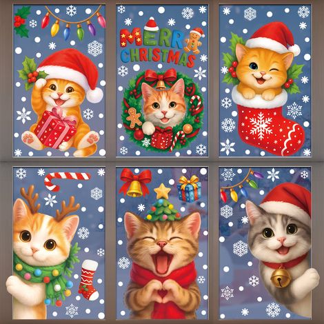 Autocollants pour fenêtres chatons et chiens, décorations de Noël, autocollants statiques pour fenêtres, décorations pour une ambiance festive, autocollants pour vitres chats flocons de neige, animaux