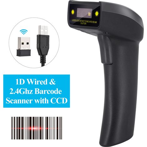 Lecteur de codes-barres portable USB prêt à l'emploi, douchette filaire 1D et sans fil 2,4 GHz pour supermarché, commerce et bibliothèque (1/4)