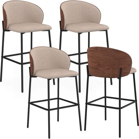 Set di 4 sgabelli da bar PENNY in tessuto color taupe, con schienale effetto noce e gambe in metallo nero (1/5)