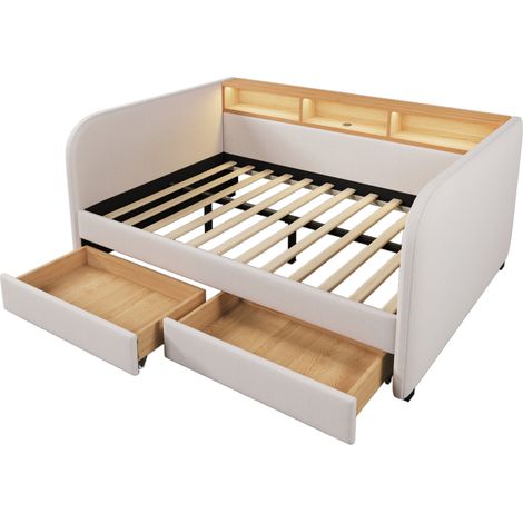 Cama diván 140x190 cm de lino beige claro con LED USB-C y 2 cajones, HOMVRA (1/5)