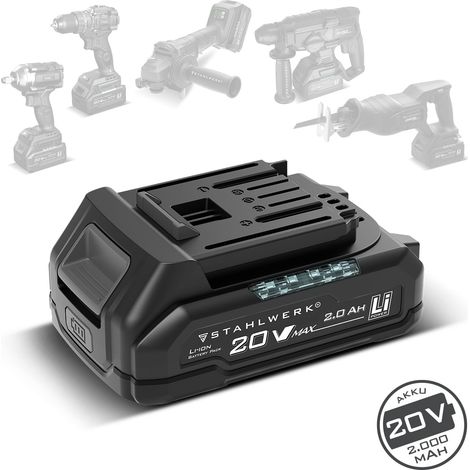 STAHLWERK Batterie WHB-2020 20 V 2 Ah 40 Wh avec indicateur de charge - Batterie Li-Ion avec indicateur à 4 LED, bouton de test, bouton de déverrouillage et dimensions de 118 x 76 x 50 mm (1/5)
