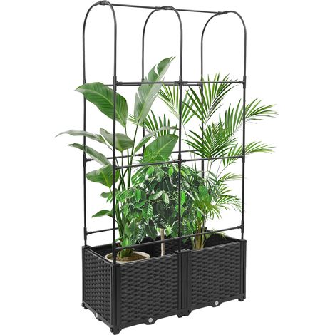 Jardinière avec treillis pour plantes grimpantes, 160 cm hauteur, texture en rotin, noir, bac de plantation avec support de grimpe, boîte de planteur pour jardin, terrasse et patio (2 compartiments, s (1/5)