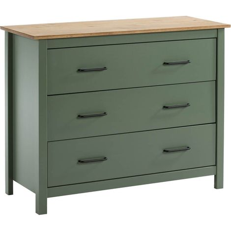 Altobuy – Commode 3 tiroirs en pin massif ciré vert – Dimensions 100x40x80cm – Style classique pour intérieur moderne (1/5)