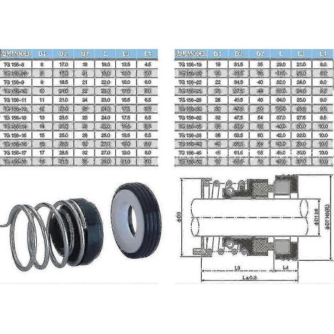 Joint d'étanchéité mécanique pour arbre de pompe à eau - Série 156 - Compatible avec arbres de diamètre extérieur 8, 10, 12, 14, 15 et 16 mm - Ressort simple - En stock