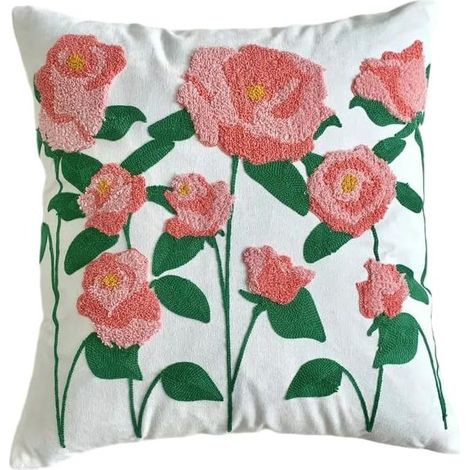 Lot de 2 housses de coussin avec broderie rose, housse de coussin décorative en coton et lin, rose romantique, 45 x 45 cm (1/5)