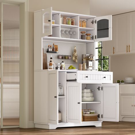 Hochschrank (103.5x40x180 cm), mit verstellbaren Einlegeböden, Lochblech, Glasvitrinen, Spanplatte, Weiß (1/5)